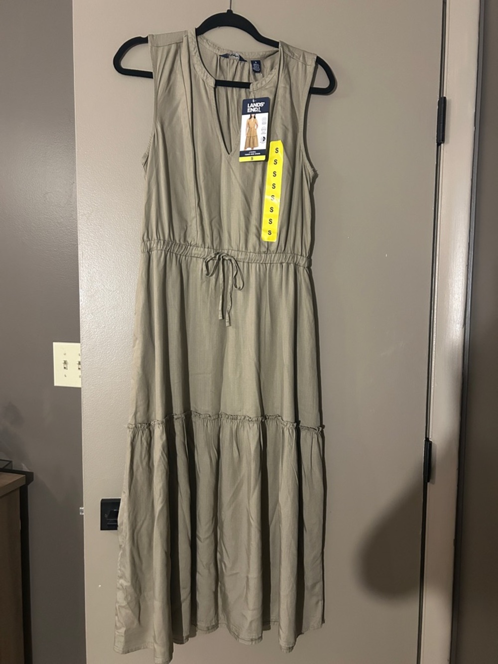 Lands' End Olive Sleeveless Tiered Maxi Dress with Drawstring Waist